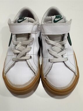 Nike Kids White Sneakers with Green Swoosh and Gum Sole
